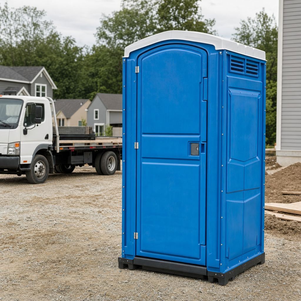 Delivery driver positioning a clean royal-blue portable toilet on level ground at a Winston Salem worksite