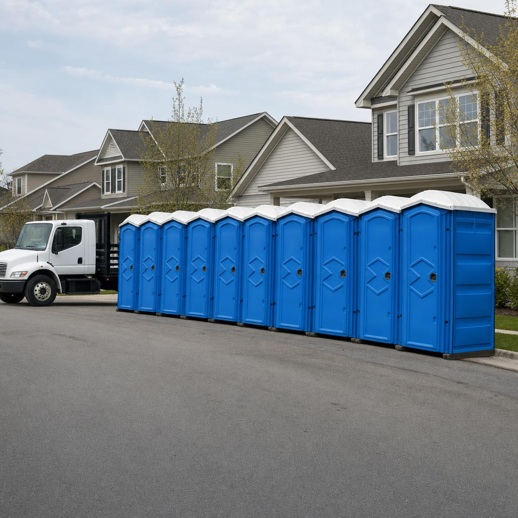 Royal blue portable toilets staged in a tidy row at a Winston Salem jobsite, ready for delivery